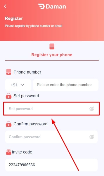 Enter the password for registration