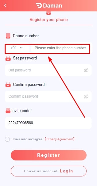 Enter the phone number for registration